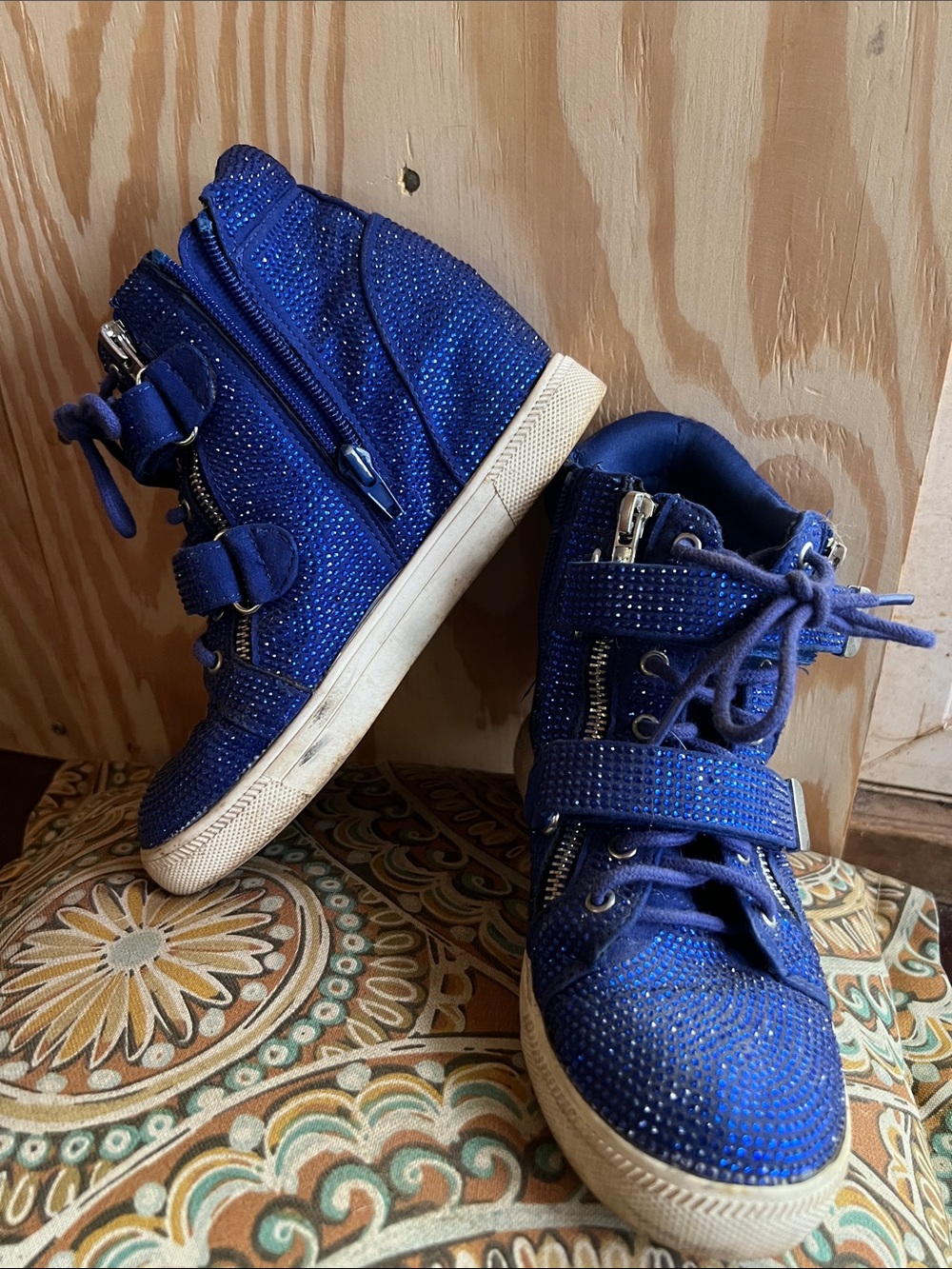 Women’s High-Top Fashion Hidden Wedge Healed Sneakers in Royal Blue with Sparkle